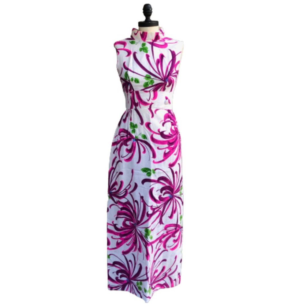 Vintage 60s Evelyn Margolis Hawaiian Floral Barkcloth Formal Maxi Dress XXS/XS - Picture 9 of 17